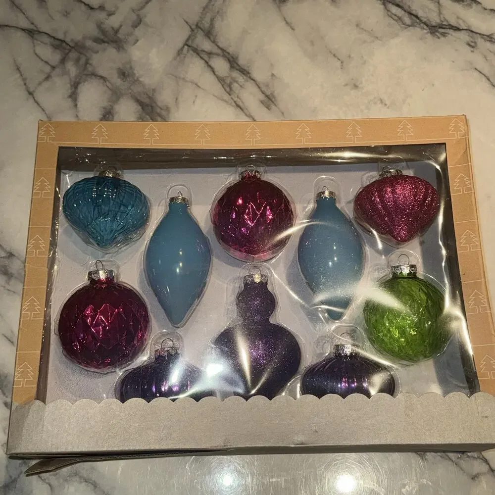 NEW 2014 Target Wondershop 10 Glass Ornaments Royal Purple Pink Glitter Teardrop